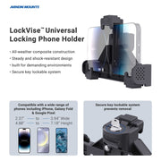 Arkon Mounts’ Ford Transit 2020–2025 Mount with LockVise® Phone Holder securely holds your phone in place with a reliable locking system, making it the ideal commercial van phone mount for professionals on the move. Designed specifically for Ford Transit models from 2020 to 2025, this vehicle-specific phone holder is compatible with a wide range of devices and features an all-weather construction—perfect for demanding work environments. See product images and key specifications below.