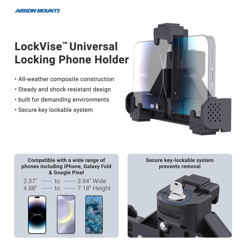 Arkon Mounts’ Ford Transit 2020–2025 Mount with LockVise® Phone Holder securely holds your phone in place with a reliable locking system, making it the ideal commercial van phone mount for professionals on the move. Designed specifically for Ford Transit models from 2020 to 2025, this vehicle-specific phone holder is compatible with a wide range of devices and features an all-weather construction—perfect for demanding work environments. See product images and key specifications below.