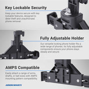 Three close-up views of the Arkon Mounts Ford Transit 2020–2025 Mount with LockVise® Phone Holder display its key lock, adjustable LockVise® phone holder, and AMPS mounting compatibility—all clearly labeled to highlight each feature—making it an ideal solution for a Ford Transit phone mount or any commercial van phone mount setup.