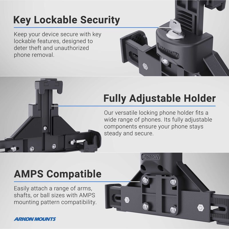 Three close-up views of the Arkon Mounts Ford Transit 2020–2025 Mount with LockVise® Phone Holder display its key lock, adjustable LockVise® phone holder, and AMPS mounting compatibility—all clearly labeled to highlight each feature—making it an ideal solution for a Ford Transit phone mount or any commercial van phone mount setup.