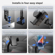 Four steps to install the Car or Truck Seat Rail or Floor Mega Grip™ Phone Holder Mount: choose mount type, attach holder, adjust flexible gooseneck, and insert your phone by pressing side buttons to release the arms.
