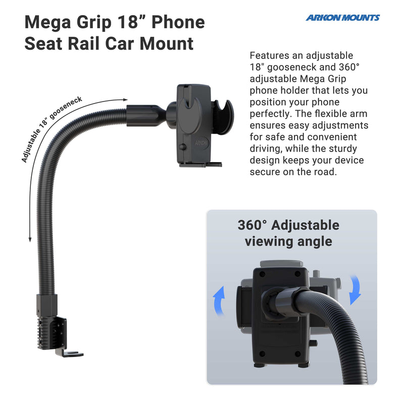The Mega Grip™ Phone Holder with Car Seat Rail Mount has an 18 flexible gooseneck, shown holding a phone. Its 360° adjustable grip offers secure, convenient phone positioning and optimal viewing angles while driving.
