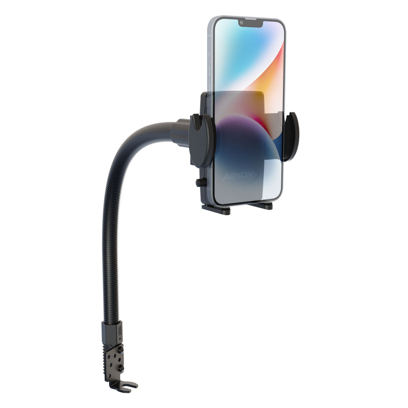 The Car or Truck Seat Rail or Floor Mega Grip™ Phone Holder Mount securely clamps to a seat rail or floor, keeping your smartphone upright for hands-free use—ideal for vehicles and versatile phone positioning.