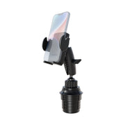 A Phone Cup Holder Mount with Mega Grip™ Holder - 25mm holds a smartphone vertically, featuring a black, adjustable design with a flexible arm and secure grips that sit firmly in your car’s cup holder base. The universal phone mount is displayed on a white background.