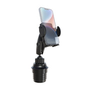 The Mega Grip™ Universal Car Cup Holder Phone Mount, featuring side grips and a rotating base, securely holds a smartphone upright in a black adjustable mount, providing a convenient hands-free solution for use while driving.