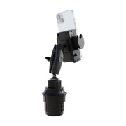 A Phone Cup Holder Mount with Mega Grip™ Holder - 25mm is shown mounted in a vehicle’s cup holder, featuring an adjustable black design against a white background.