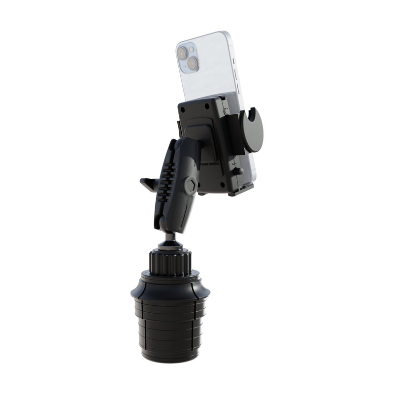 A Phone Cup Holder Mount with Mega Grip™ Holder - 25mm is shown mounted in a vehicle’s cup holder, featuring an adjustable black design against a white background.