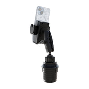 A Phone Cup Holder Mount with Mega Grip™ Holder - 25mm is shown holding a smartphone in a black adjustable mount designed to fit in a car cup holder, displayed on a white background.