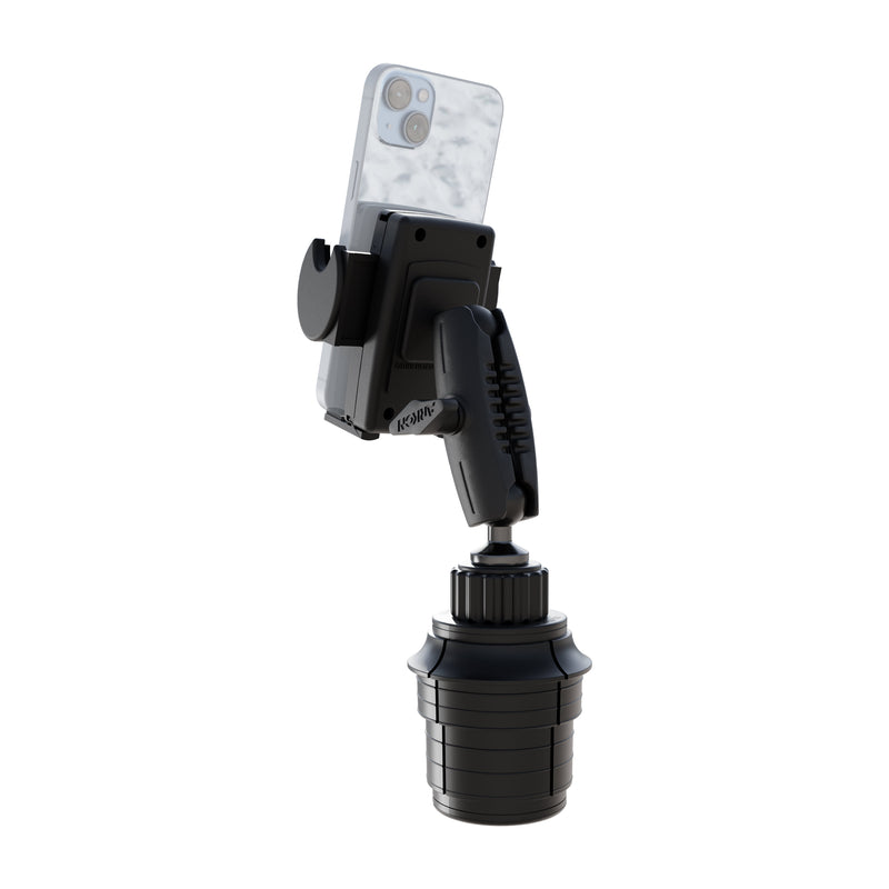 A Phone Cup Holder Mount with Mega Grip™ Holder - 25mm is shown holding a smartphone in a black adjustable mount designed to fit in a car cup holder, displayed on a white background.