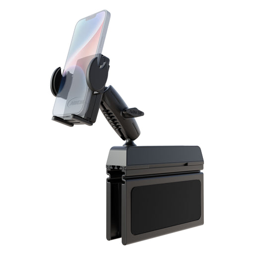 The Car Console Wedge Mega Grip™ Phone Mount Holder is a black adjustable arm and cradle mount with a rectangular base, securely holding your smartphone—ideal as a hands-free phone holder for any car console.