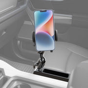 A smartphone is mounted on the Mega Grip™ Phone Holder with Seat Wedge Mount attached to a car’s center console, with the phone displaying a colorful abstract wallpaper.