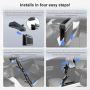 Four-step guide: Adjust the pedestal plates, insert the Mega Grip™ Phone Holder with Seat Wedge Mount in the gap between seat and console, attach and adjust the universal phone holder, then tighten knobs and press the button to release the holder arms.