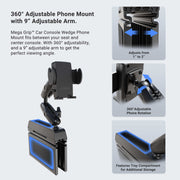 The Mega Grip™ Phone Holder with Seat Wedge Mount is shown installed between car seats, featuring a 9-inch adjustable arm that makes it an ideal car console phone mount. Insets highlight its 1–2 inch wedge fit, 360-degree phone rotation, and a built-in storage compartment at the base, complemented by visible blue LED accents.