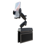 The Mega Grip™ Phone Holder with Seat Wedge Mount is a black adjustable universal phone holder featuring a clamp base and flexible arm, designed to securely hold your smartphone in an upright position.