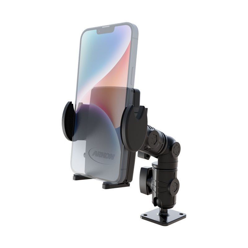 The Mega Grip™ Phone Drill-Base Mount with Ratchet Arm, shown in black with an adjustable ratchet arm and square base featuring an AMPS 4-hole pattern, securely holds a smartphone against a white background.