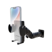 The Mega Grip™ Phone Drill-Base Mount with Ratchet Arm is a black, adjustable wall-mount holder featuring an AMPS 4-hole phone drill-base and a two-arm jointed bracket that securely grips your smartphone, enabling flexible positioning and rotation.