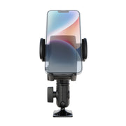 A smartphone mounted vertically in a black Mega Grip™ Phone Drill Base Mount with Double Socket Swivel Arm, viewed from the front.