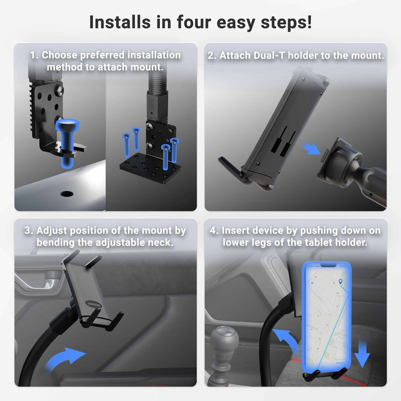 Instructional graphic: Install the Slim-Grip® Ultra 22 Seat Rail or Floor Car Mount, secure the hands-free holder, bend the neck to adjust, and insert your phone or tablet with maps into the holder in your car’s interior.