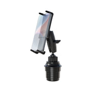 The Phone Cup Holder Mount with Slim-Grip® Ultra Holder - 25mm is a black, adjustable universal holder that fits into any car’s cup holder and securely holds your smartphone vertically for hands-free convenience.