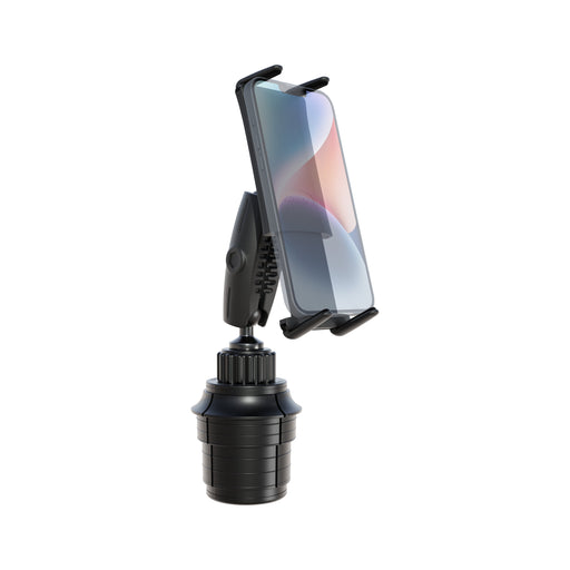 The Phone Cup Holder Mount with Slim-Grip® Ultra Holder - 25mm securely holds your smartphone vertically, featuring adjustable grips and a rotating base designed to fit inside any standard car cup holder for convenient hands-free use.