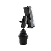 The Phone Cup Holder Mount with Slim-Grip® Ultra Holder - 25mm, shown in black and gray, fits securely in your vehicle’s cup holder and is pictured holding a phone in landscape orientation on a white background. This universal mount provides a convenient, hands-free solution for easy phone access while driving.