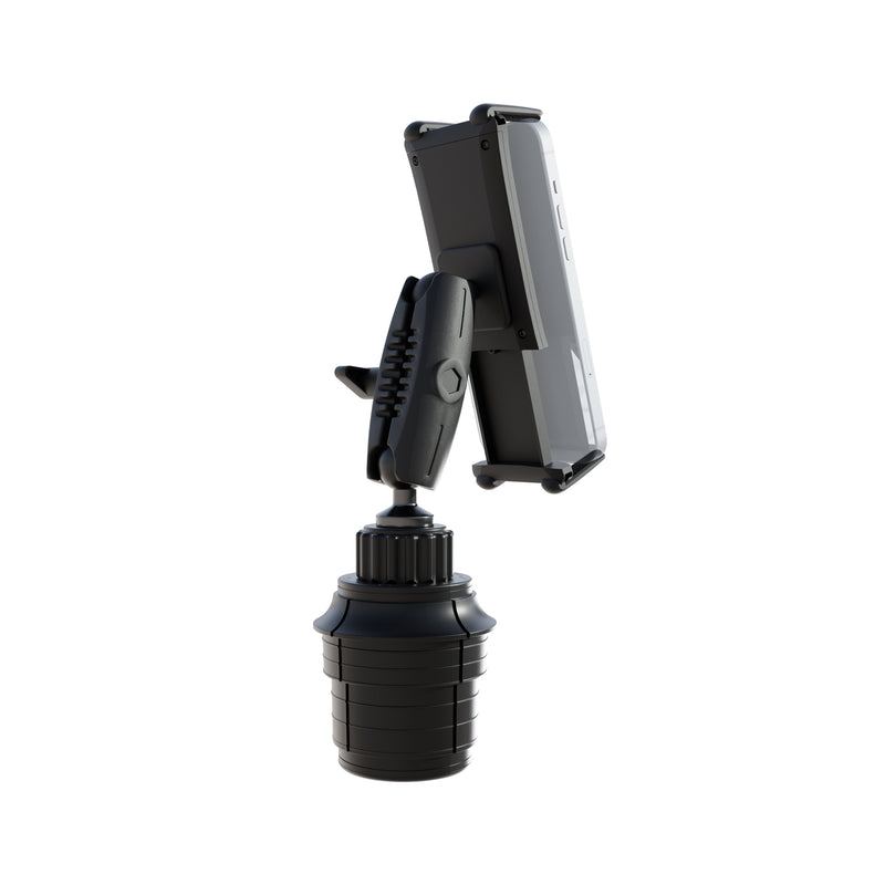 The Phone Cup Holder Mount with Slim-Grip® Ultra Holder - 25mm, shown in black and gray, fits securely in your vehicle’s cup holder and is pictured holding a phone in landscape orientation on a white background. This universal mount provides a convenient, hands-free solution for easy phone access while driving.