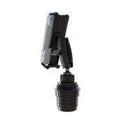 The Phone Cup Holder Mount with Slim-Grip® Ultra Holder - 25mm, shown in black against a crisp white background, securely holds your device in place for hands-free use with its adjustable design.
