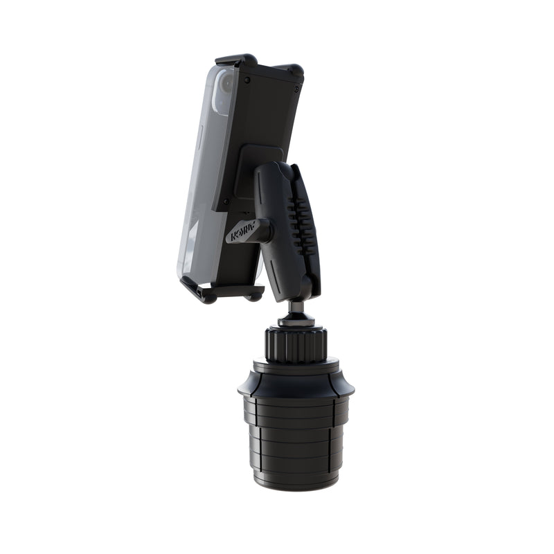 The Phone Cup Holder Mount with Slim-Grip® Ultra Holder - 25mm, shown in black against a crisp white background, securely holds your device in place for hands-free use with its adjustable design.