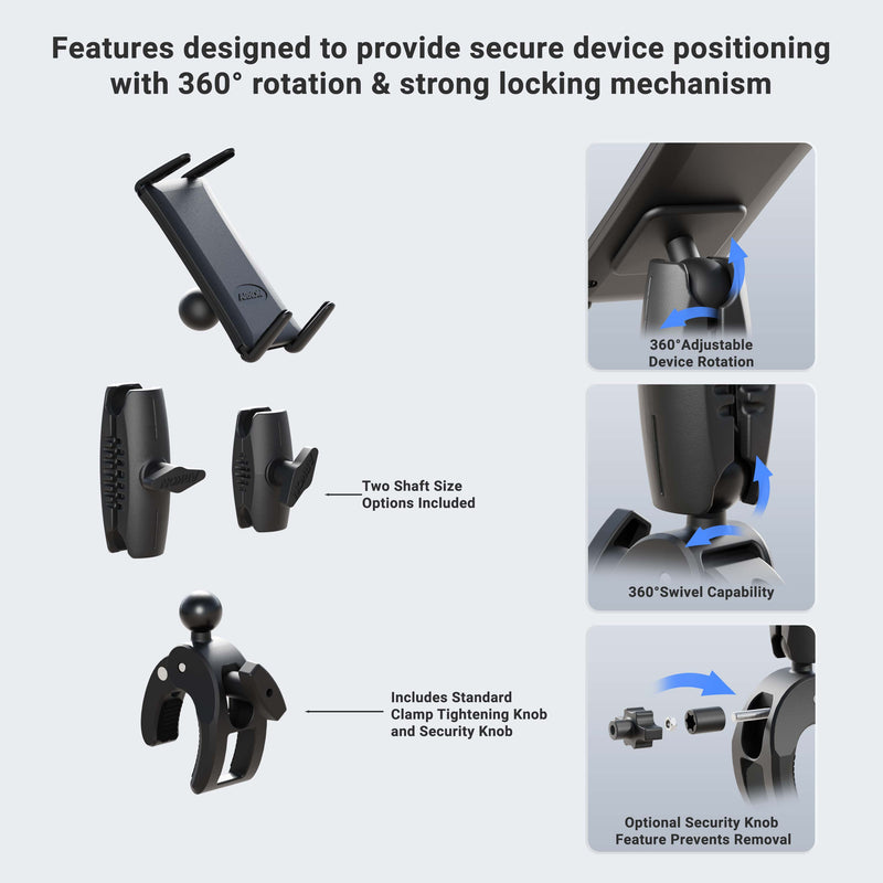 Infographic shows Slim-Grip® Ultra Phone or Midsize Tablet Clamp Mount with Security Knob, featuring 360° adjustable rotation, 360° swivel, two shaft sizes, standard security knob clamp, and optional locking clamp mount.