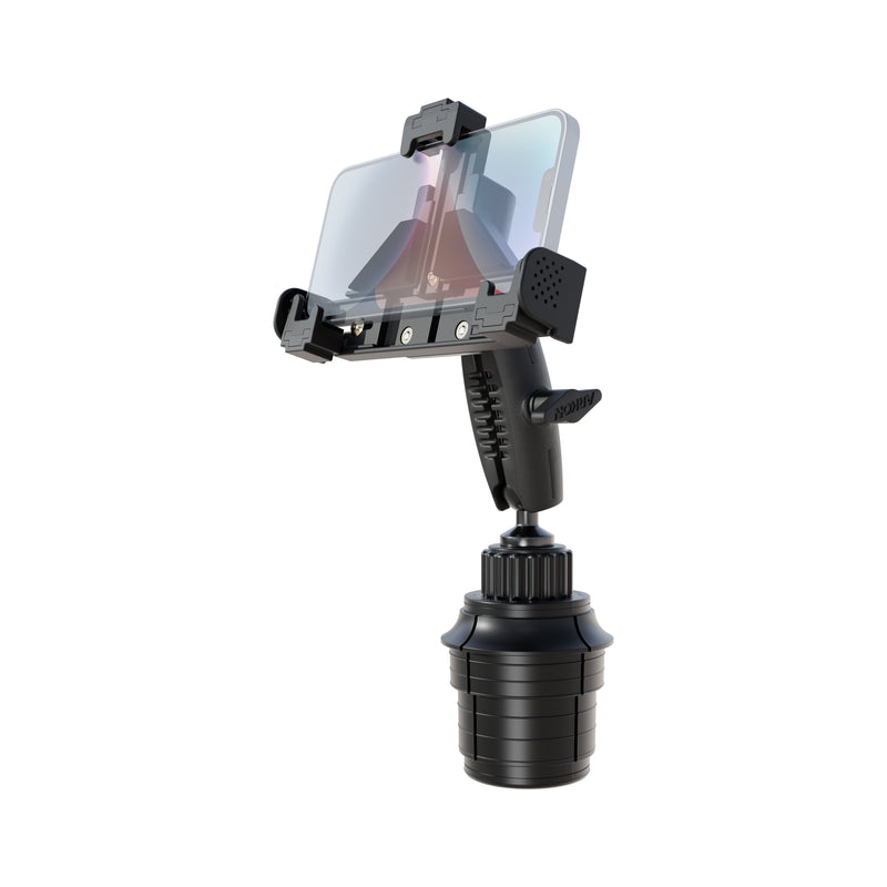 The Phone Cup Holder Mount with LockVise™ Locking Holder - 25mm securely holds your smartphone upright in your vehicle’s cup holder, featuring a rotating mechanism and grip handle for easy adjustment. The LockVise™ locking system ensures your device stays firmly in place, even on bumpy roads.