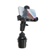 A smartphone is mounted in the Phone Cup Holder Mount with LockVise™ Locking Holder - 25mm, a black adjustable holder with a handle and cup-shaped base designed for securely locking your phone in a car cup holder.