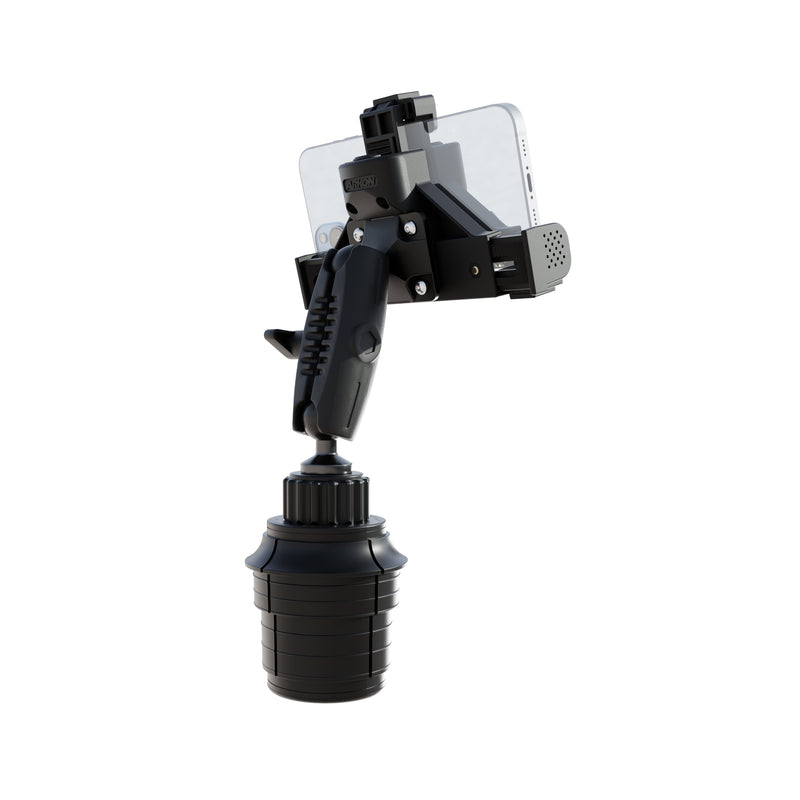 The Phone Cup Holder Mount with LockVise™ Locking Holder - 25mm securely holds your smartphone in landscape orientation, featuring a locking holder and a rotating base designed to fit standard car cup holders.