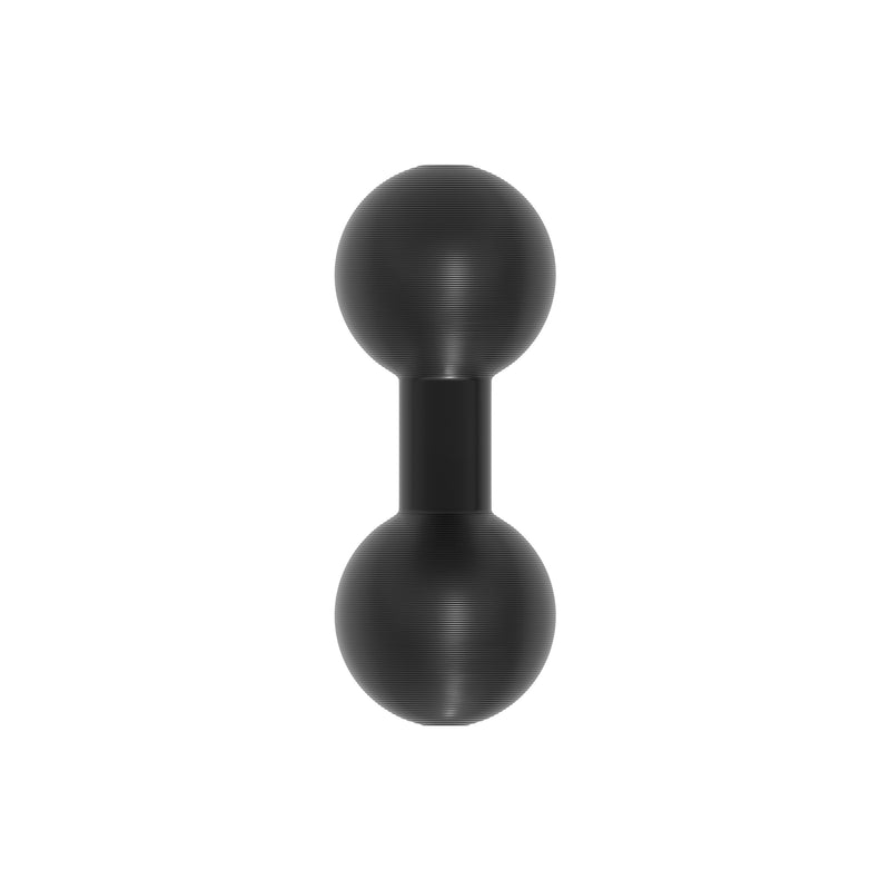 A 3D rendering of the Arkon Mounts XMS Series - 1″ to 1″ Aluminum Ball Adapter, featuring two black spheres connected by a short, thick cylinder—resembling a dumbbell with 25mm (1 inch) ball connectors—set against a white background.