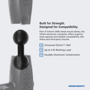 Close-up of the XMS Series – 1″ to 1″ Aluminum Ball Adapter by Arkon Mounts with text highlighting its durable aluminum construction, supports up to 5 lb, and compatibility with Arkon and third-party mounts. Three blue checkmarks emphasize these key features.