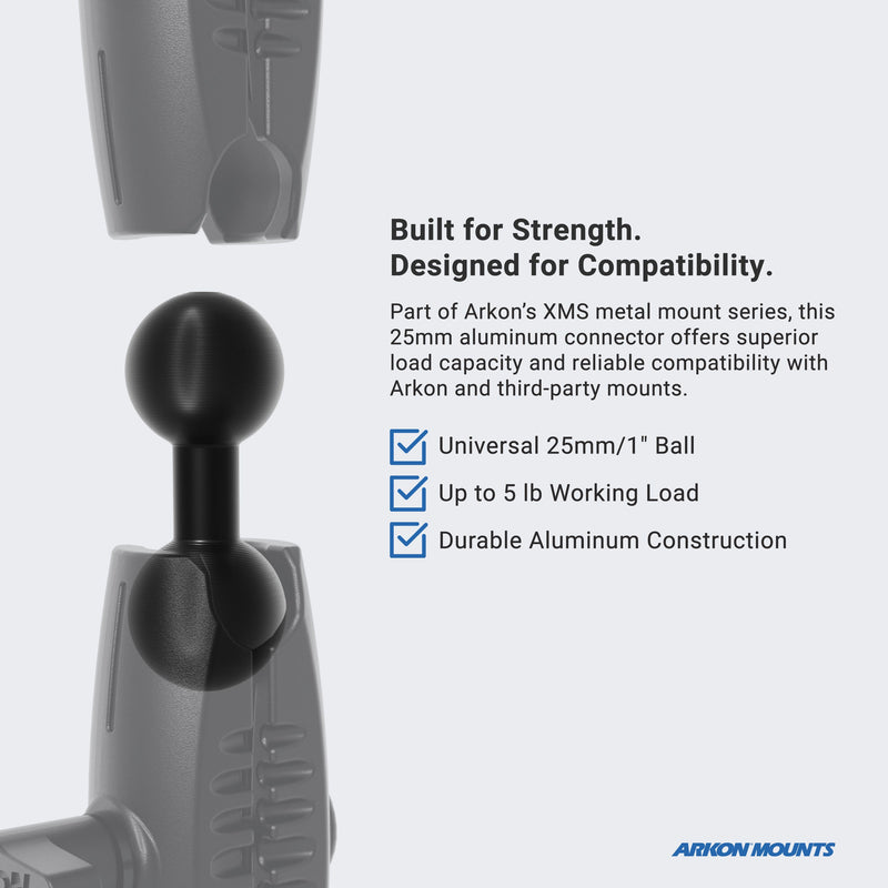 Close-up of the XMS Series – 1″ to 1″ Aluminum Ball Adapter by Arkon Mounts with text highlighting its durable aluminum construction, supports up to 5 lb, and compatibility with Arkon and third-party mounts. Three blue checkmarks emphasize these key features.