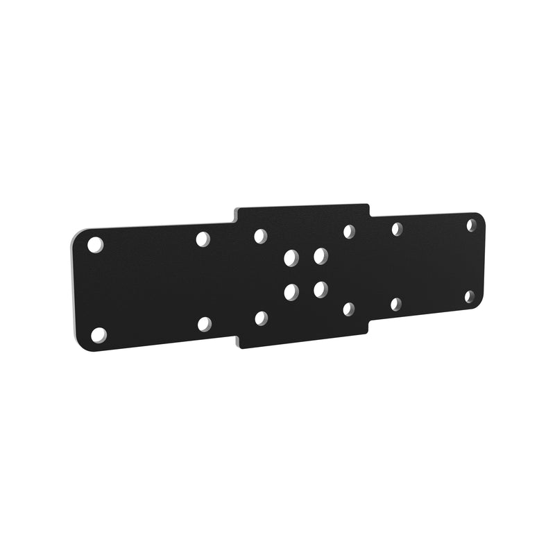 The Arkon Mounts Heavy-Duty Dual AMPS Metal Bracket is a rectangular black metal mounting plate with notched sides, featuring multiple holes of various sizes arranged in a symmetrical pattern. Designed with an AMPS-compatible layout, this bracket is ideal for securely attaching or mounting components.