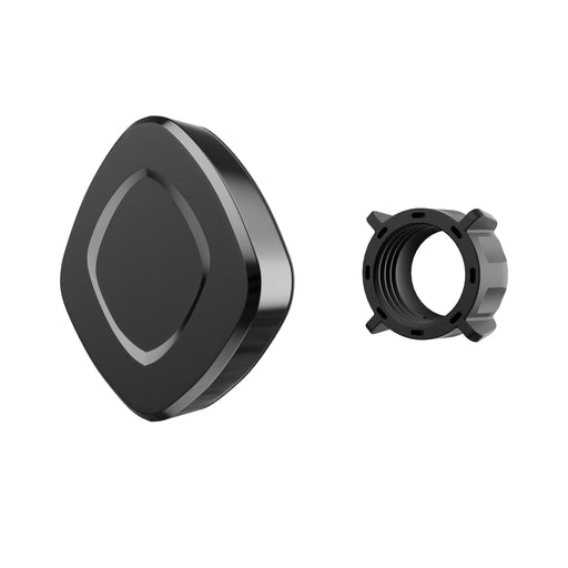 Two black items on a white background: a rounded square cover with beveled edges (left) and a 17mm notched ball mount (right), both part of the Magnetic Phone Mount Kit for 17mm Ball End Mounts.