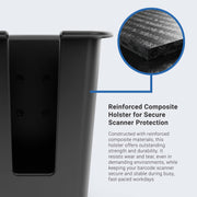 A close-up of the Large Barcode Scanner Gun Holster Holder displays its reinforced composite texture, emphasizing a durable design for secure barcode scanner protection, with descriptive text included.