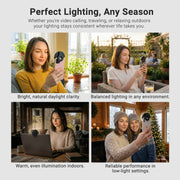 Four photos show a woman using the Arkon Mounts Rechargeable Clip-On LED Ring Light for video calls in various indoor and outdoor settings with different lighting conditions, highlighting consistent, natural illumination.