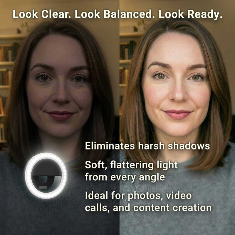 Before and after comparison of a person using a ring light with text describing its features.
