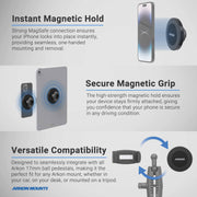 Three-panel infographic showing an Arkon Mounts Magnetic Vent Phone Mount for Tesla Model 3 2017–2022 & Model Y 2020–2023 attaching to a phone and tablet, with diagrams illustrating its compatibility with ball-joint pedestals for Tesla accessories.