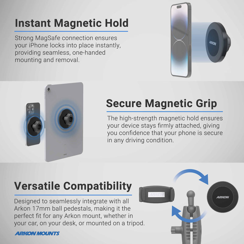 Three-panel infographic showing an Arkon Mounts Magnetic Vent Phone Mount for Tesla Model 3 2017–2022 & Model Y 2020–2023 attaching to a phone and tablet, with diagrams illustrating its compatibility with ball-joint pedestals for Tesla accessories.