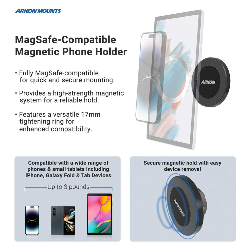 An Arkon Mounts Magnetic Vent Phone Mount for Tesla Model 3 and Model Y holding a smartphone and tablet with MagSafe compatibility, a 3-pound weight capacity, and a secure magnetic hold.