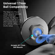 The Magnetic Phone Holder with 17mm Tightening Ring – MagSafe Compatible features a heavy-duty smartphone mount design, offering universal compatibility with Arkon and other aftermarket mounts for vehicles, offices, or studios.