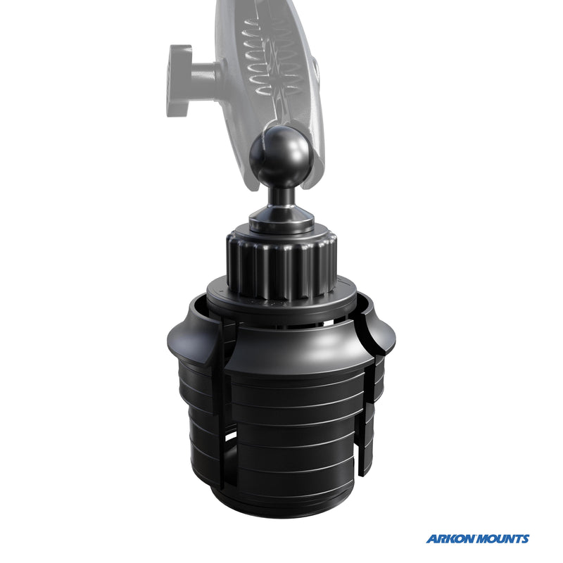A close-up of the RoadVise® XL Cup Holder Phone and Midsize Tablet Mount for iPhone, Galaxy, and Note, featuring adjustable grips for in-vehicle use. The Arkon Mounts logo is shown in blue at the bottom right corner.