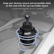 The Arkon Mounts Robust® Dual Shaft Cup Holder Mount with Slim-Grip® Tablet Holder - 25mm sits securely in your vehicle’s cup holder. Text above explains its utility for safely securing your tablet, while blue lines illustrate its adjustable fit for cup holders up to 3.7 inches in diameter. This versatile mount from Arkon Mounts offers a stable and convenient way to keep your tablet secure and accessible while on the road.