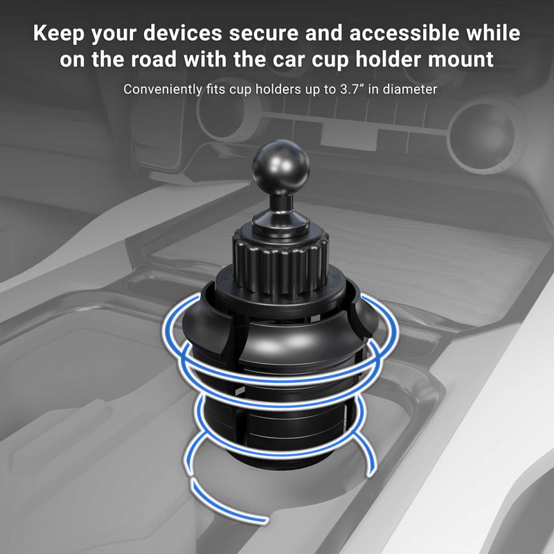 The Arkon Mounts Robust® Dual Shaft Cup Holder Mount with Slim-Grip® Tablet Holder - 25mm sits securely in your vehicle’s cup holder. Text above explains its utility for safely securing your tablet, while blue lines illustrate its adjustable fit for cup holders up to 3.7 inches in diameter. This versatile mount from Arkon Mounts offers a stable and convenient way to keep your tablet secure and accessible while on the road.