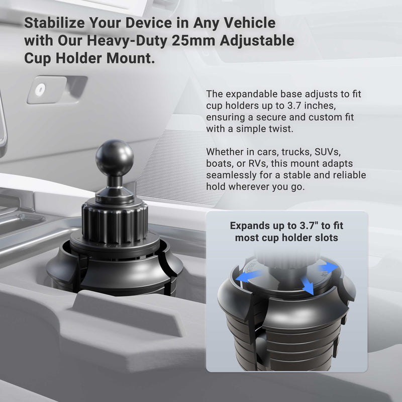The Arkon Mounts Robust® Dual Shaft Cup Holder Mount with Slim-Grip® Tablet Holder - 25mm, finished in black and featuring a 25mm ball joint, is installed in a car’s cup holder. Its expandable base fits cup holders up to 3.7 inches wide, making this tablet mount compatible with a variety of vehicles.