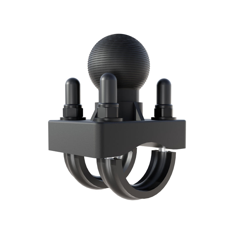 The Arkon Mounts U-Bolt Round Bar Mount with 38mm Metal Ball – Multiple Bar Sizes is shown against a white background. This black hitch mount features a 38mm metal ball on top and three U-bolts secured by nuts to its rectangular base, creating a sturdy and modular mounting solution.