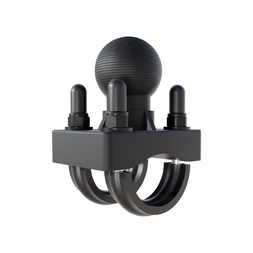 The Arkon Mounts U-Bolt Round Bar Mount with 38mm Metal Ball – Multiple Bar Sizes is shown against a white background. This black hitch mount features a 38mm metal ball on top and three U-bolts secured by nuts to its rectangular base, creating a sturdy and modular mounting solution.